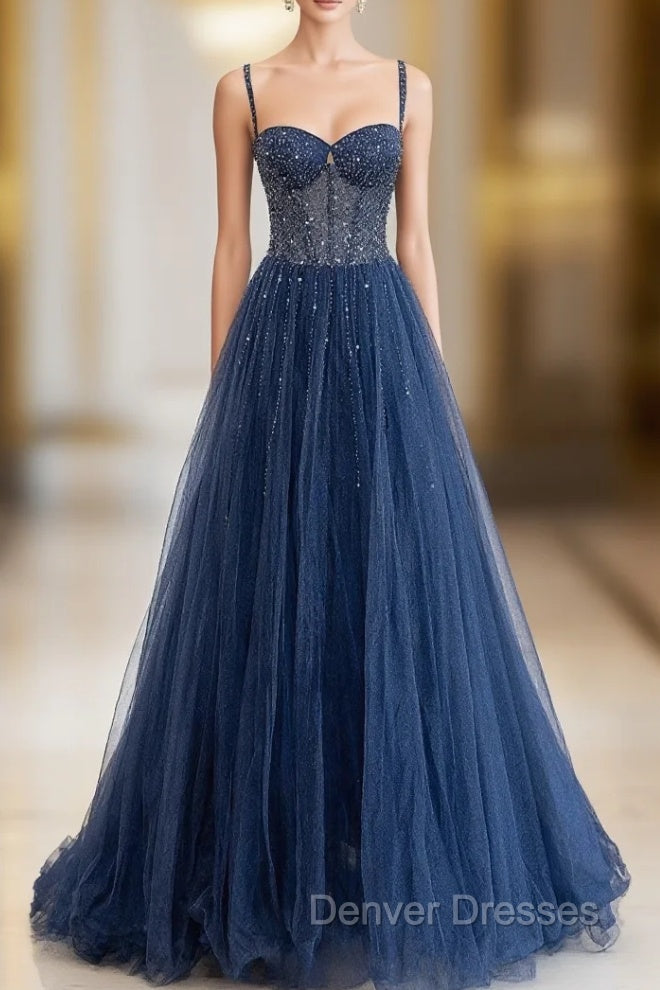 Blue Tulle Beaded Long Prom Dress Formal Dress Main image