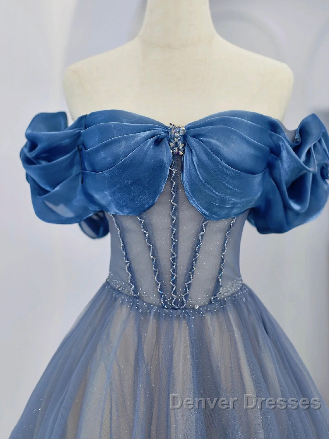 Blue Tulle Beaded Long Prom Dress, Off The Shoulder Evening Party Dress Secondary image
