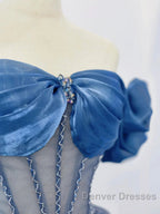 Blue Tulle Beaded Long Prom Dress, Off The Shoulder Evening Party Dress
