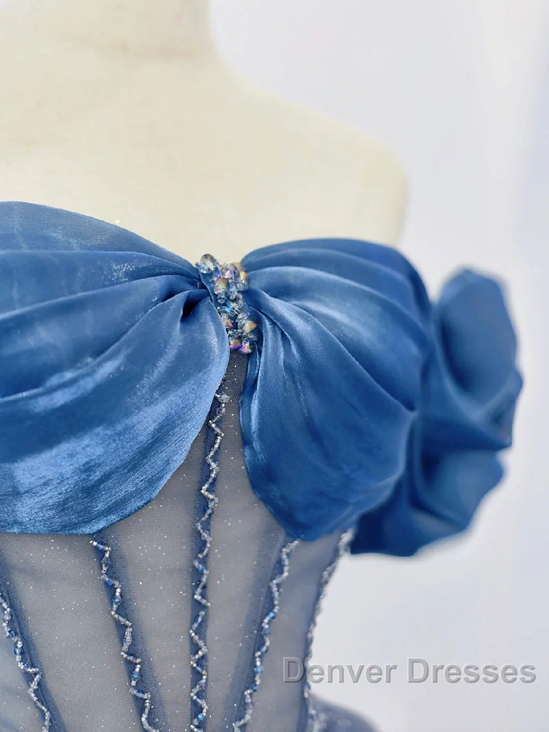 Blue Tulle Beaded Long Prom Dress, Off The Shoulder Evening Party Dress
