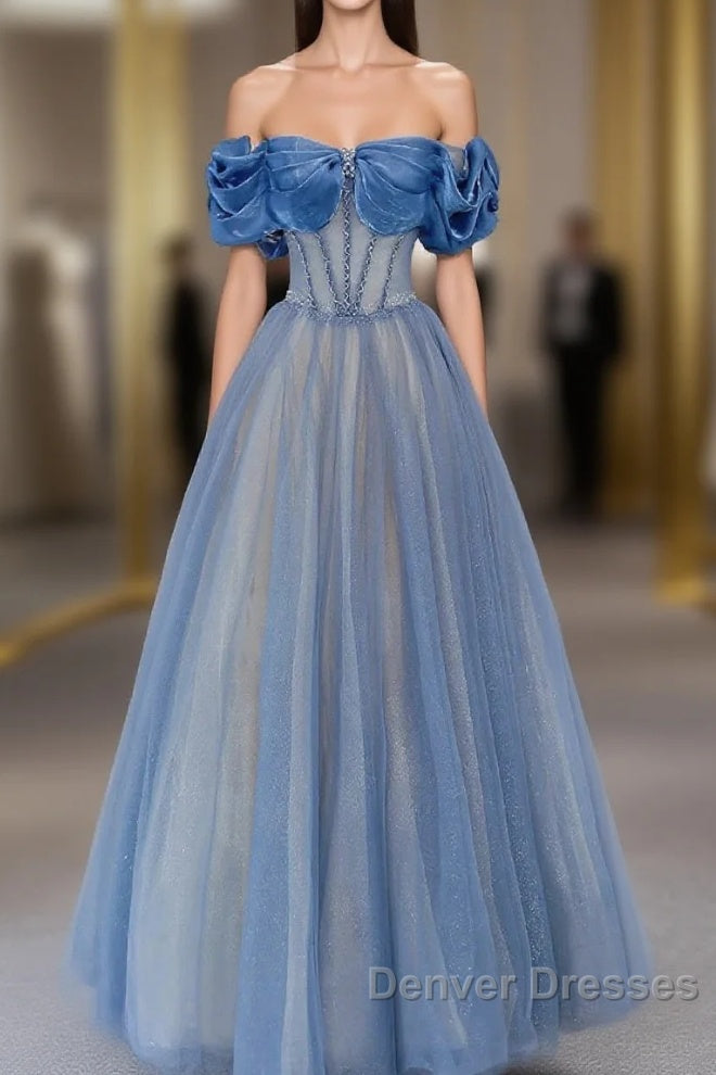Blue Tulle Beaded Long Prom Dress, Off The Shoulder Evening Party Dress Main image
