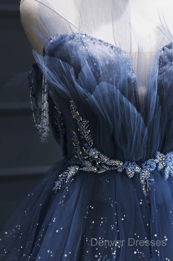 Blue Tulle Beaded Long Senior Prom Dress, A-Line Layers Beaded Long Evening Party Dress Secondary image