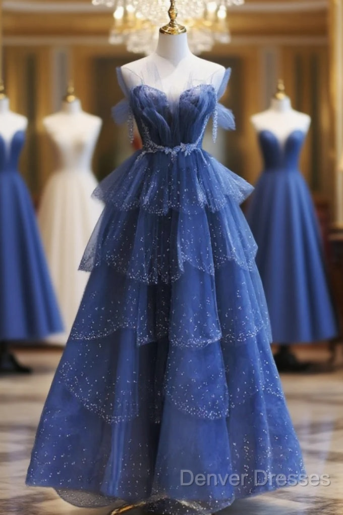 Blue Tulle Beaded Long Senior Prom Dress, A-Line Layers Beaded Long Evening Party Dress Main image