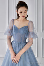 Blue Tulle Beaded Long Sleeve Prom Dress, A-Line Blue Evening Party Dress