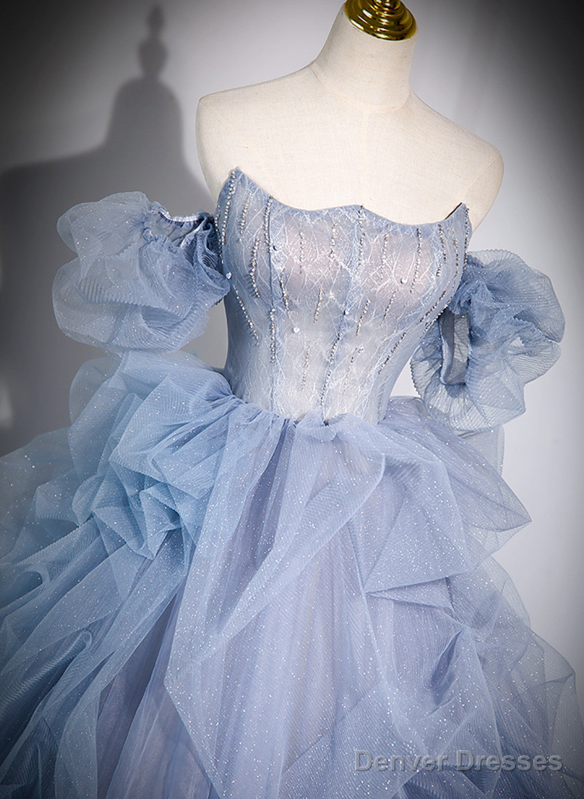 Blue Tulle Beaded Off Shoulder New Style Prom Dress, Blue Sweet 16 Dress Secondary image