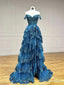 Blue Tulle Beaded With Lace Sweetheart Long Party Dress, Off Shoulder Blue Prom Dress