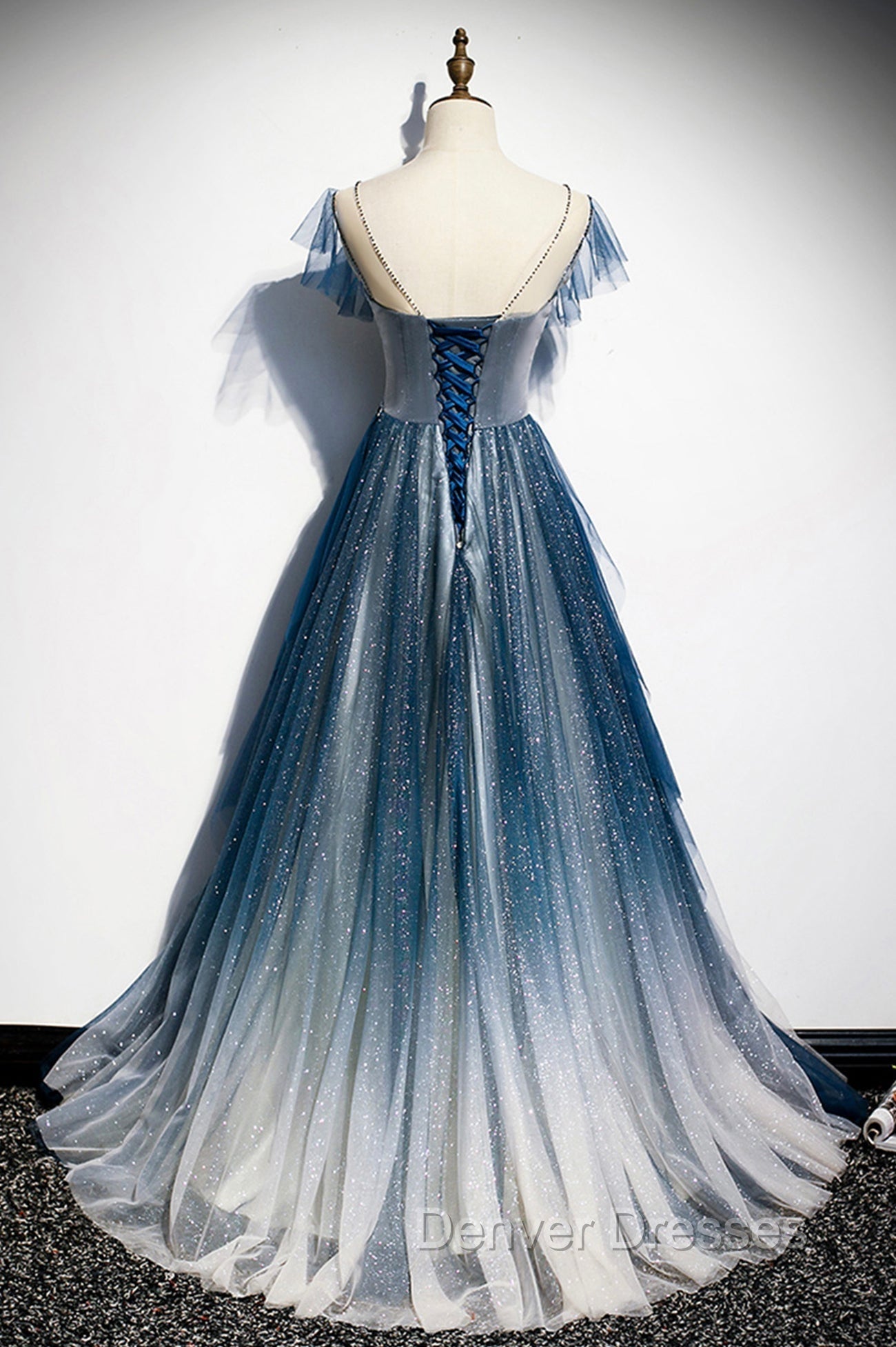 Blue Tulle Beading Long A-Line Prom Dress, Scoop Neckline Evening Dress
