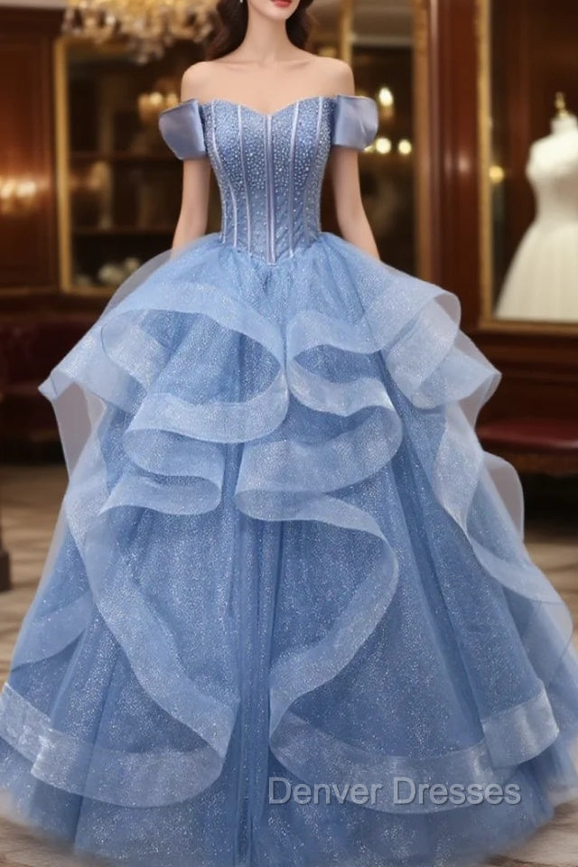 Blue Tulle Beading Off the Shoulder Prom Dress Main image