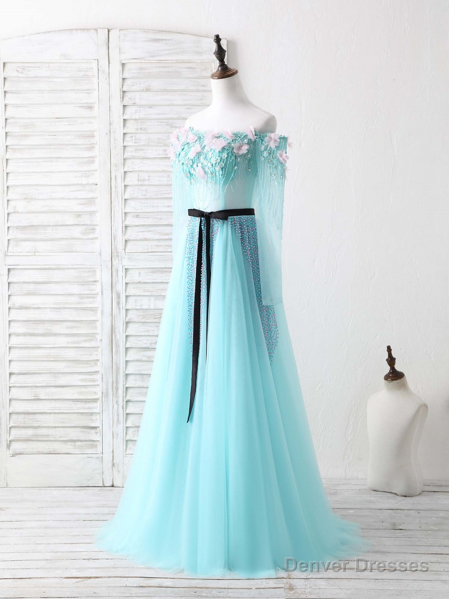 Blue Tulle Beads Long Prom Dress Blue Beads Evening Dress Main image