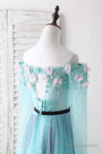 Blue Tulle Beads Long Prom Dress Blue Beads Evening Dress