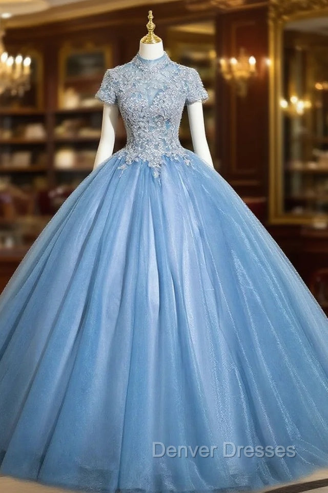 Blue Tulle Cap Sleeve Appliques Quinceanera Dress Main image