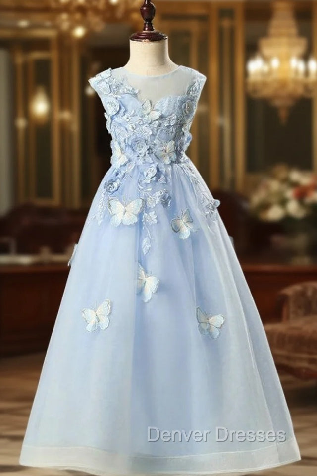 Blue Tulle Cap Sleeve Flowerr Girl Dress With Butterfly Appliques Main image