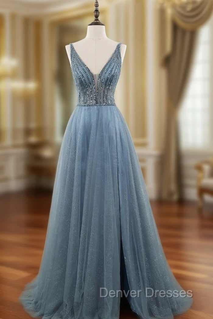 Blue Tulle Deep V-neck Backless Beading Sequins Prom Dress Main image