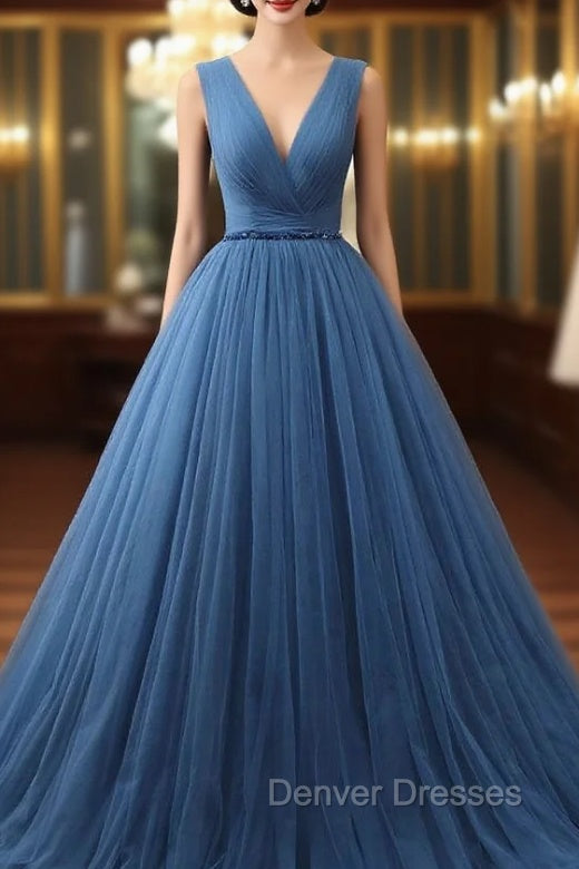 Blue Tulle Deep V-neck Pleats Beading Prom Dress