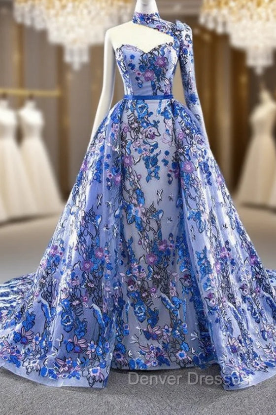 Blue Tulle Embroidery High Neck Long Sleeve Backless Prom Dress Main image