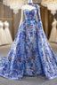 Blue Tulle Embroidery High Neck Long Sleeve Backless Prom Dress