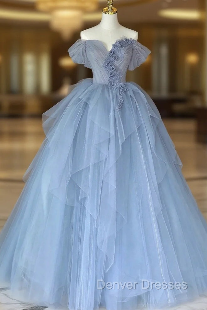 Blue Tulle Floor Length Prom Dress, Off the Shoulder Evening Dress with 3D Flowers Main image