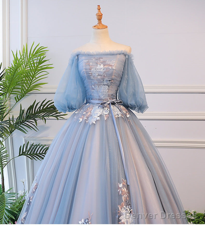 Blue Tulle Floral Off Shoulder Princess Formal Dress, Blue Sweet 16 Dress, Prom Dress