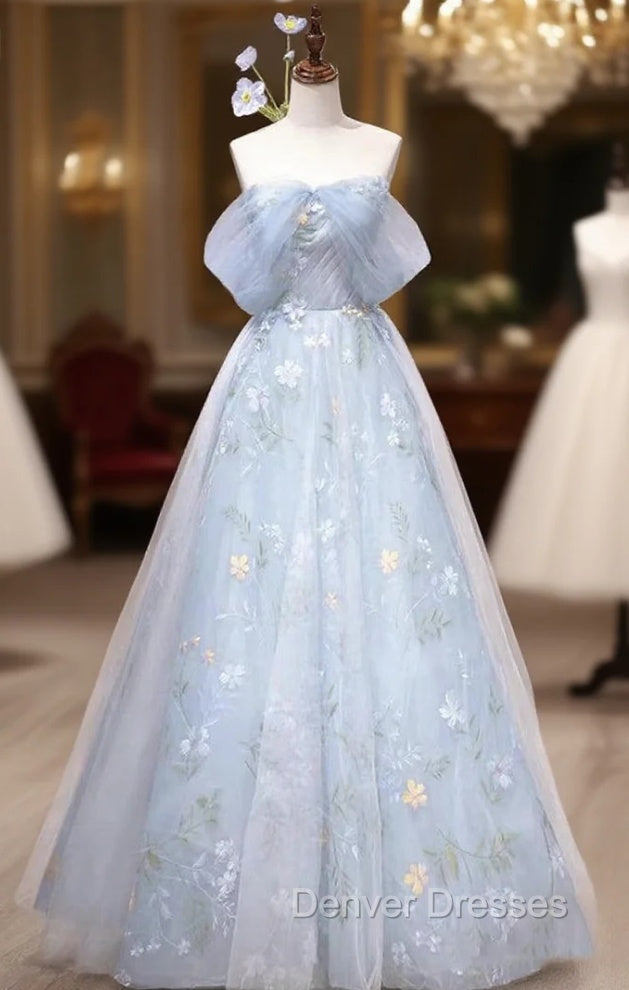Blue Tulle Flower Off the Shoulder Prom Dress Main image