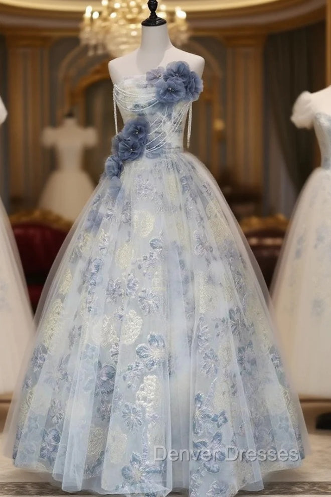 Blue Tulle Flower Strapless Pleats Prom Dress Main image