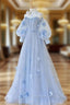 Blue Tulle Flowers Long Prom Dress, Lovely A-Line Puff Sleeve Evening Dress