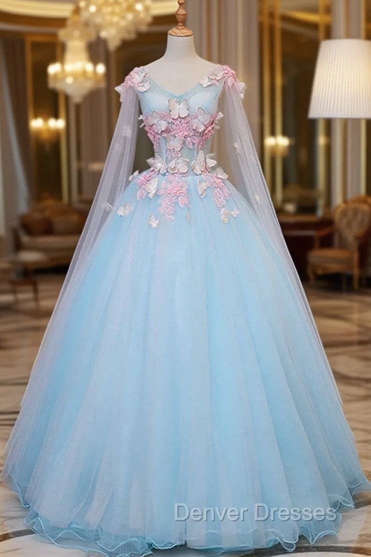 Blue Tulle Formal Dress with Pink Lace Blue Ball Gown Sweet 16 Dress prom Dress shops Main image