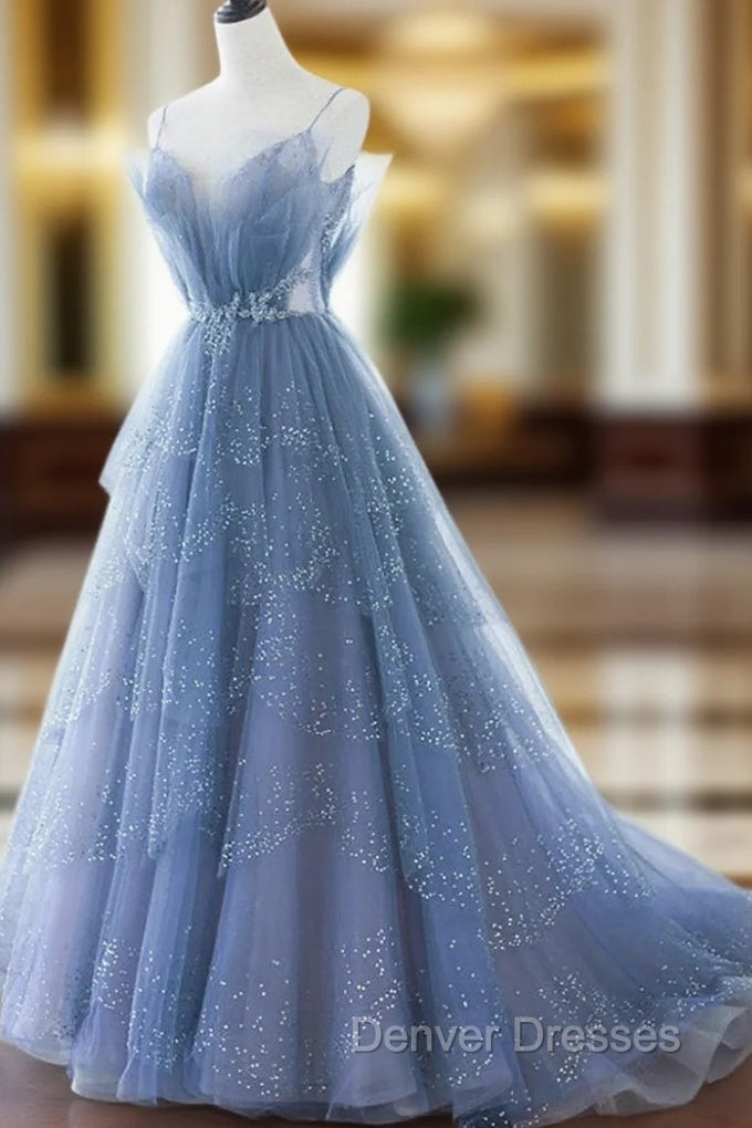 Blue Tulle Gorgeous V Neck Long Prom Dress, A-line Tulle Formal Evening Dress Main image
