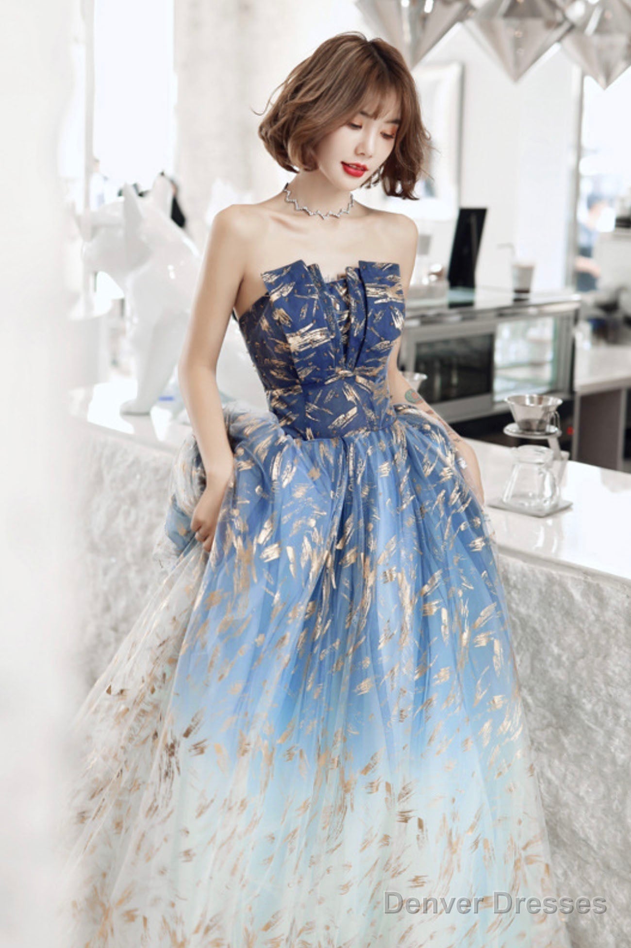 Blue Tulle Gradient Long Formal Gowns, A-Line Strapless Evening Dresses Secondary image
