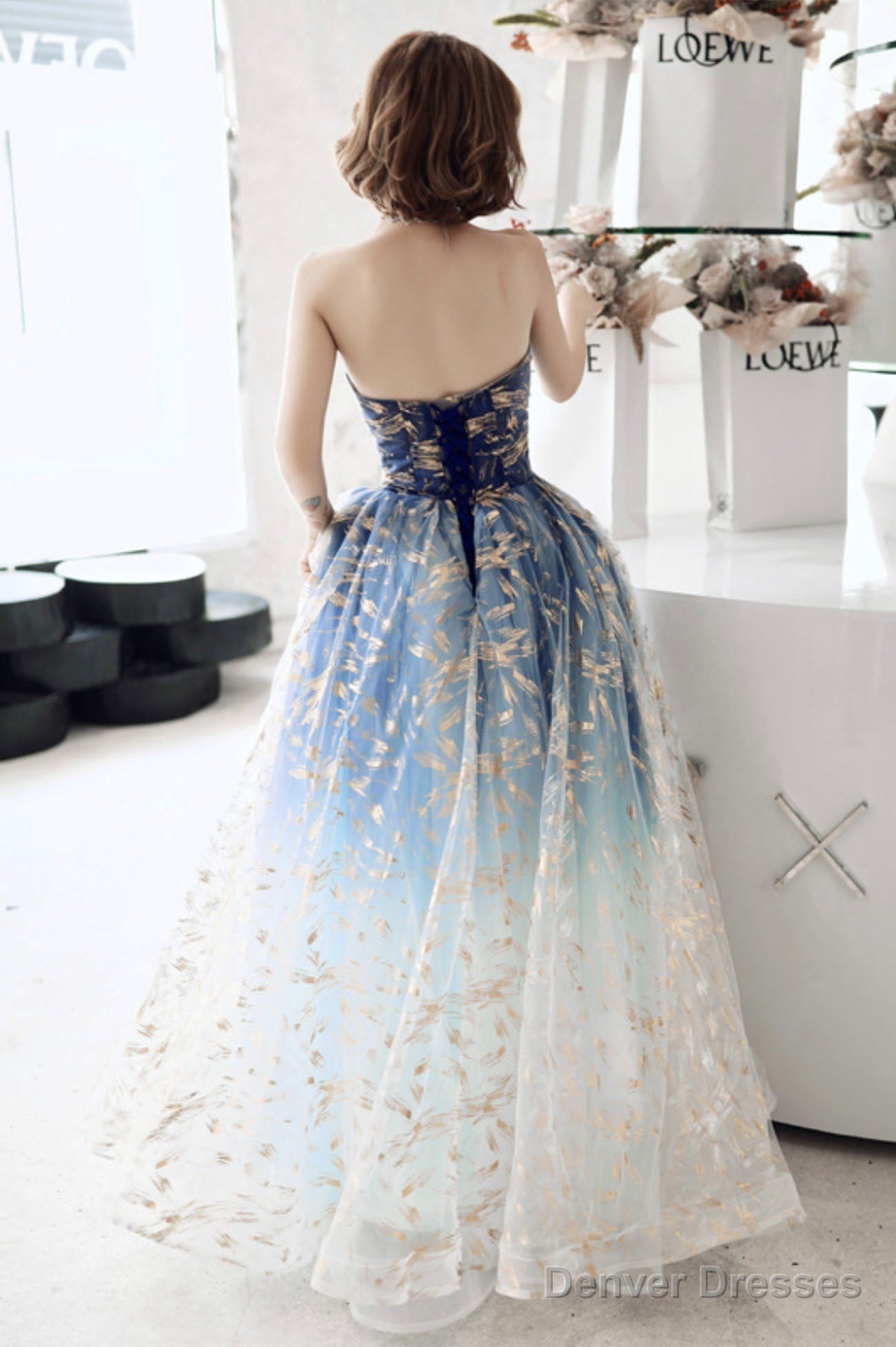 Blue Tulle Gradient Long Formal Gowns, A-Line Strapless Evening Dresses
