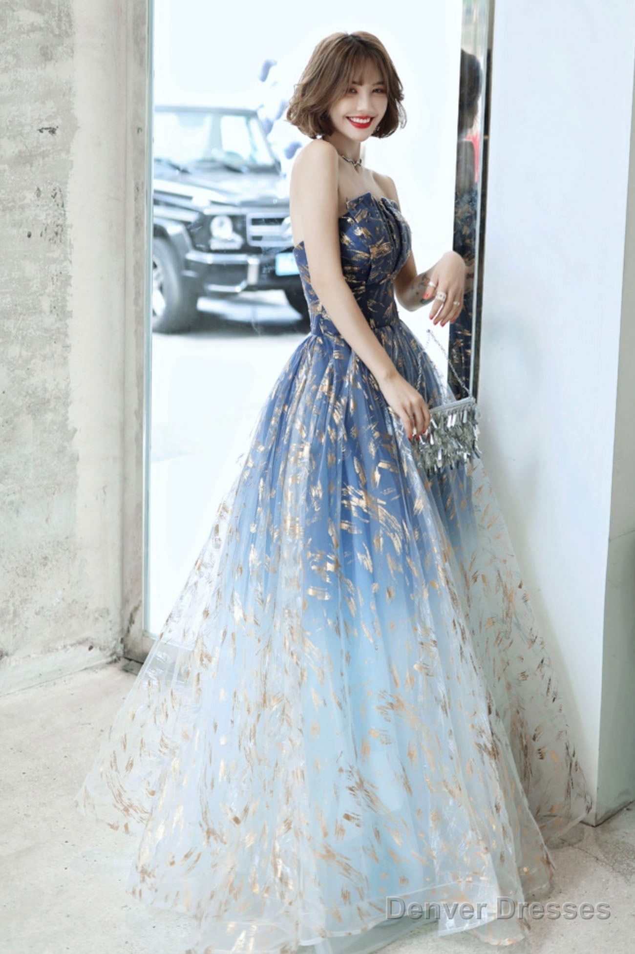 Blue Tulle Gradient Long Formal Gowns, A-Line Strapless Evening Dresses Main image