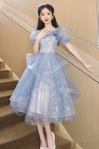 Blue Tulle Knee Length With Lace Party Dress, Blue Short Sleeve Homecoming Dress