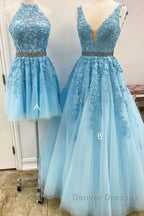 Blue tulle lace A line prom Dress blue lace tulle formal Dress