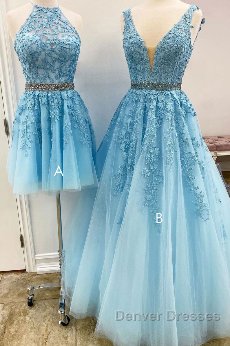 Blue tulle lace A line prom Dress blue lace tulle formal Dress