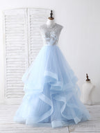 Blue Tulle Lace Applique Long Prom Dress Blue Tulle Sweet 16 Dress