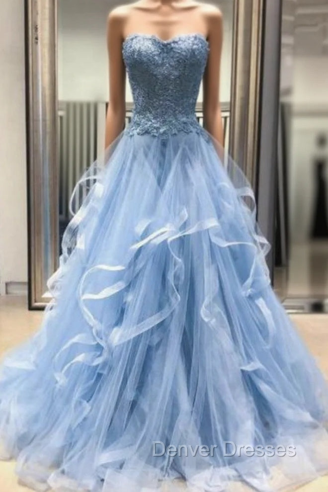 Blue Tulle Lace Appliques Sweetheart Layered Long Prom Dress Main image