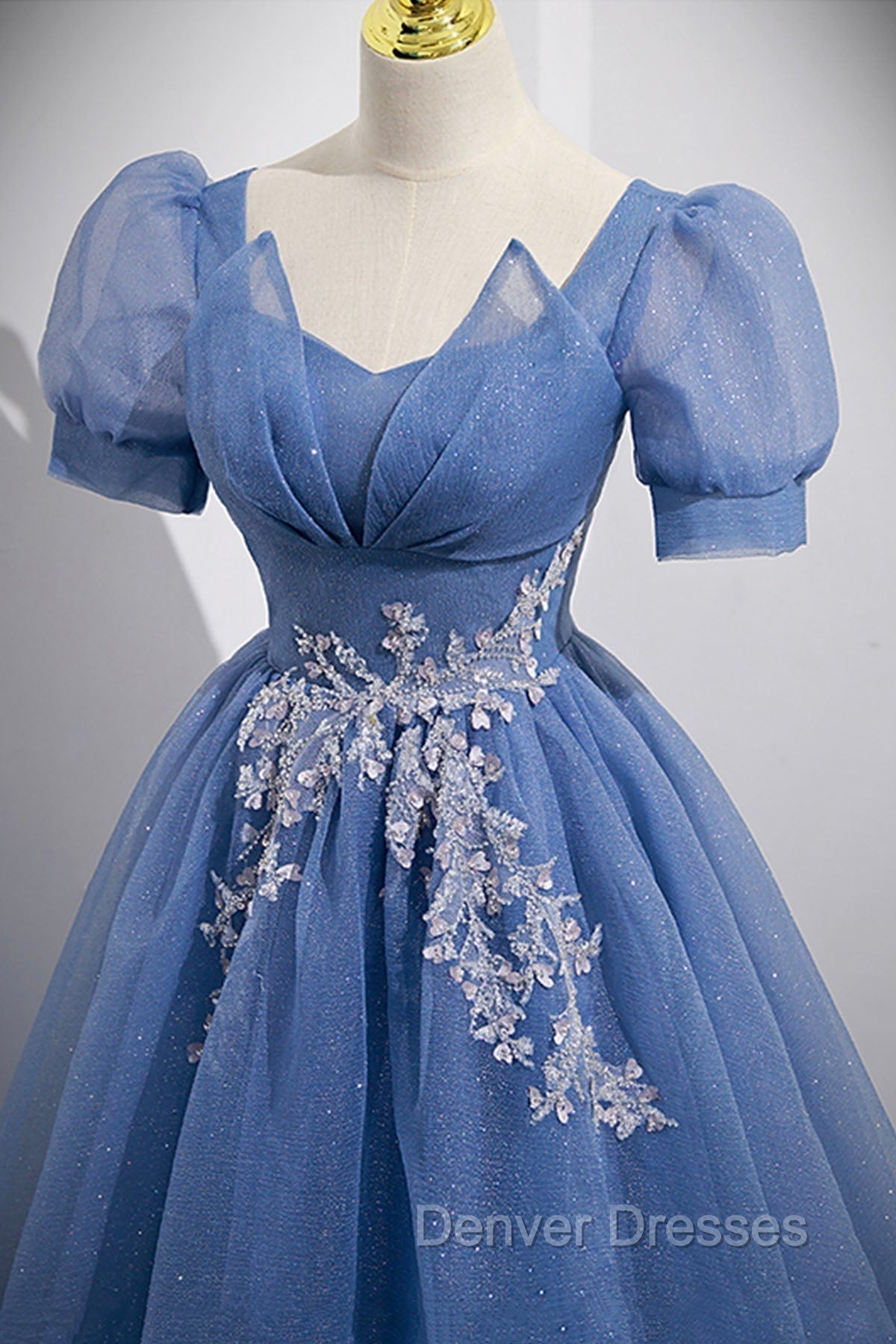 Blue Tulle Lace Floor Length Prom Dress, Blue Short Sleeve Evening Dress Secondary image