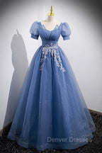 Blue Tulle Lace Floor Length Prom Dress, Blue Short Sleeve Evening Dress