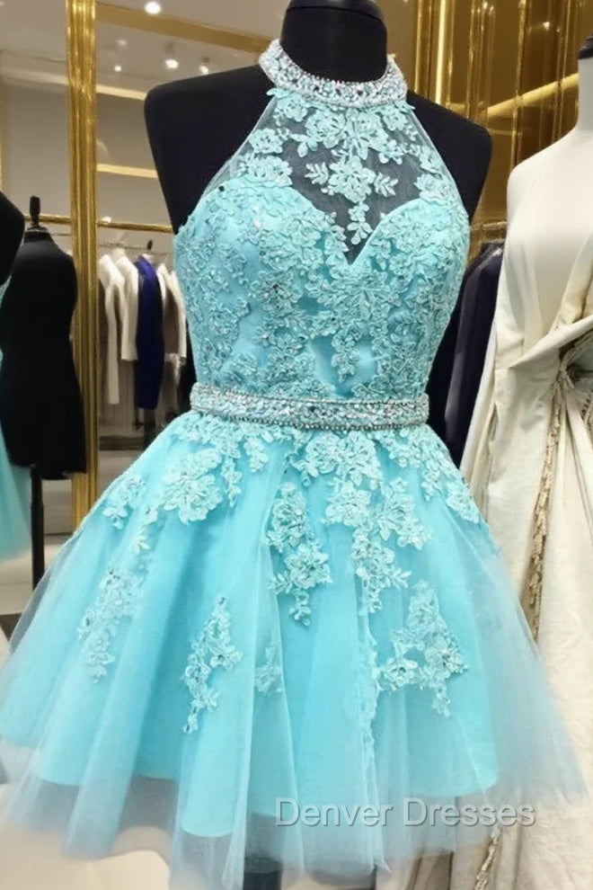 Blue Tulle Lace Halter Backless Homecoming Dress Main image