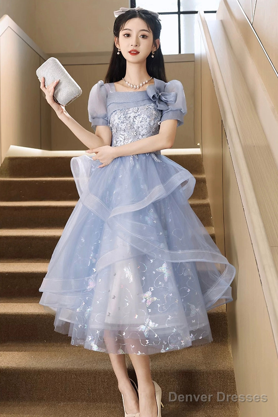 Blue Tulle Lace Knee Length Prom Dress, Cute Short Sleeve Evening Party Dress