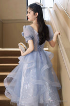Blue Tulle Lace Knee Length Prom Dress, Cute Short Sleeve Evening Party Dress
