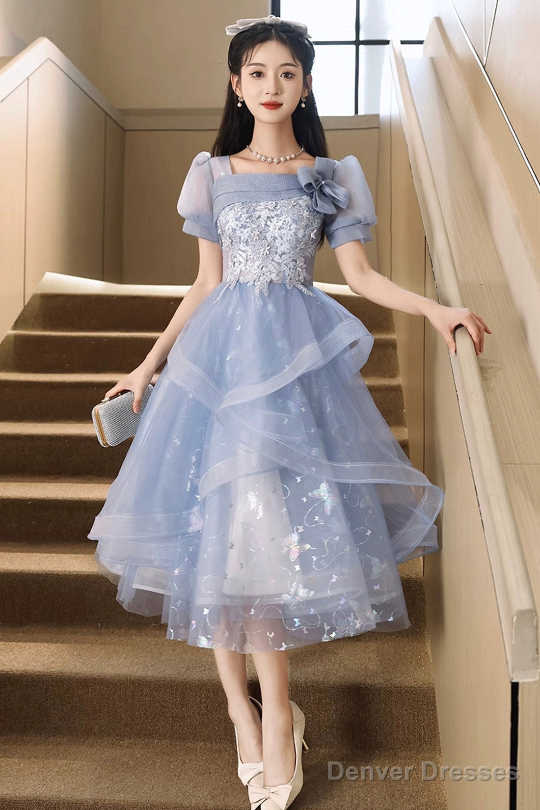 Blue Tulle Lace Knee Length Prom Dress, Cute Short Sleeve Evening Party Dress