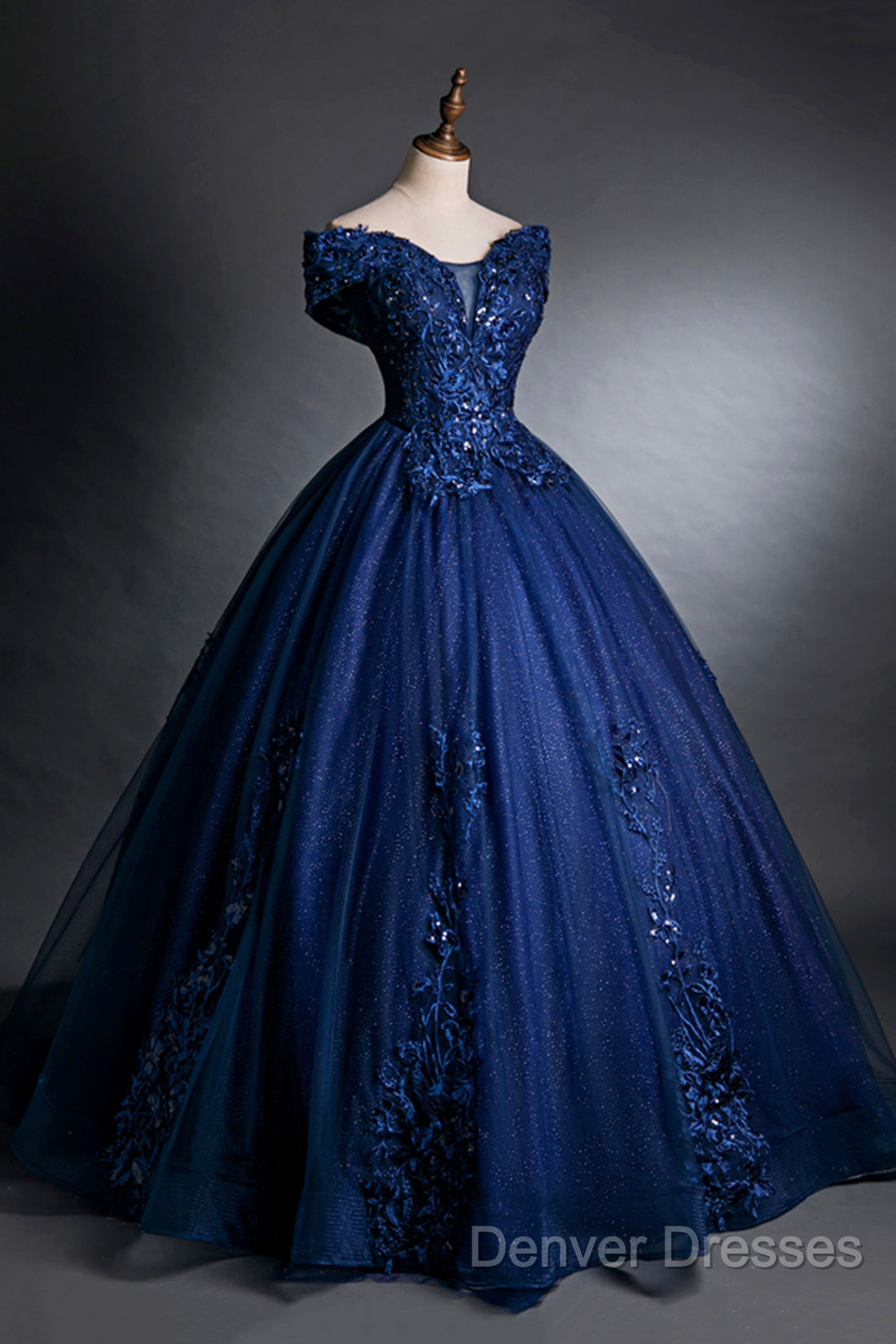 Blue Tulle Lace Long A-Line Ball Gown, Off The Shoulder Evening Party Dress Secondary image