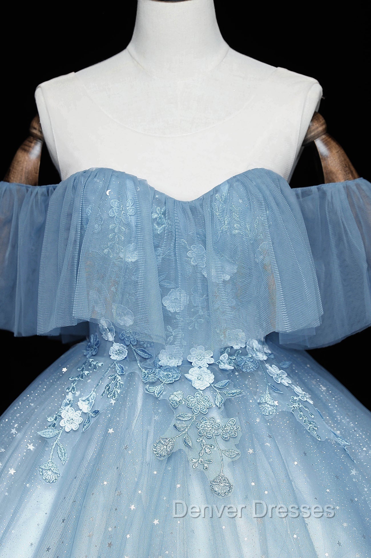 Blue Tulle Lace Long A-Line Ball Gown, Off the Shoulder Formal Evening Gown Secondary image