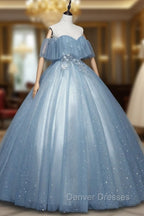 Blue Tulle Lace Long A-Line Ball Gown, Off the Shoulder Formal Evening Gown