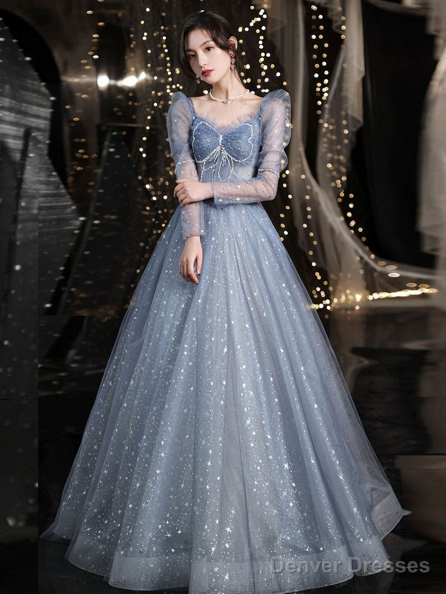 Blue Tulle Lace Long Prom Dress, Blue Lace Sweet 16 Dress Main image