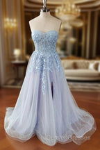 Blue Tulle Lace Long Prom Dress, Blue Strapless Evening Dress with Slit