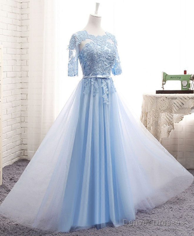 Blue Tulle Lace Long Prom Dress Blue Tulle Bridesmaid Dress Main image