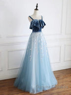 Blue tulle lace long prom Dress, blue tulle formal Dress