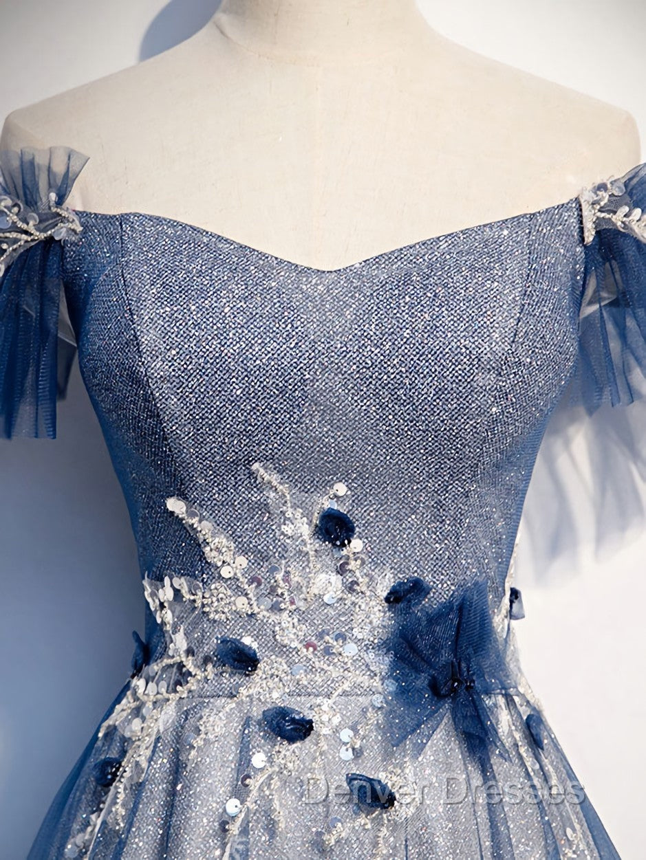 Blue Tulle Lace Long Prom Dress, Blue Tulle Lace Bridesmaid Dress Secondary image