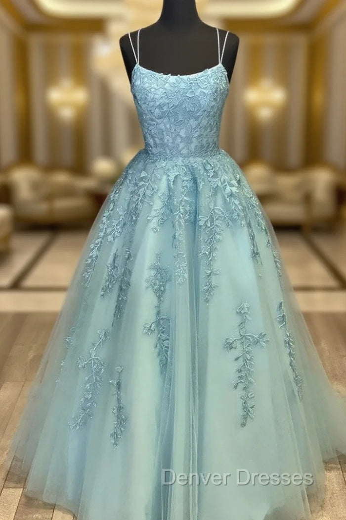 Blue Tulle Lace Long Prom Dress Blue Tulle Lace Evening Dress Main image